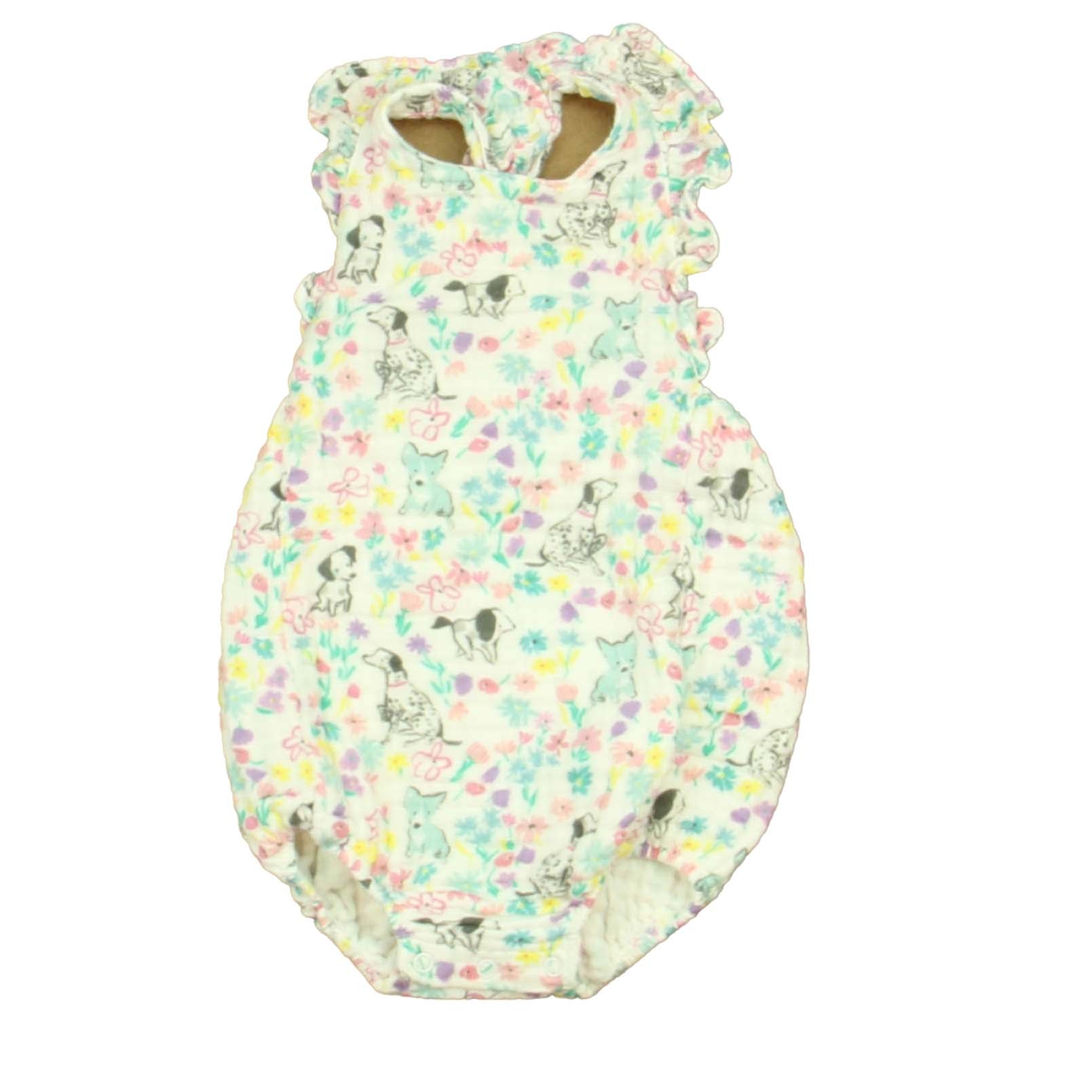 Angel Dear Girls Ivory Flowers & Dogs Romper Size: 6-12 Months Ivory Flowers & Dogs