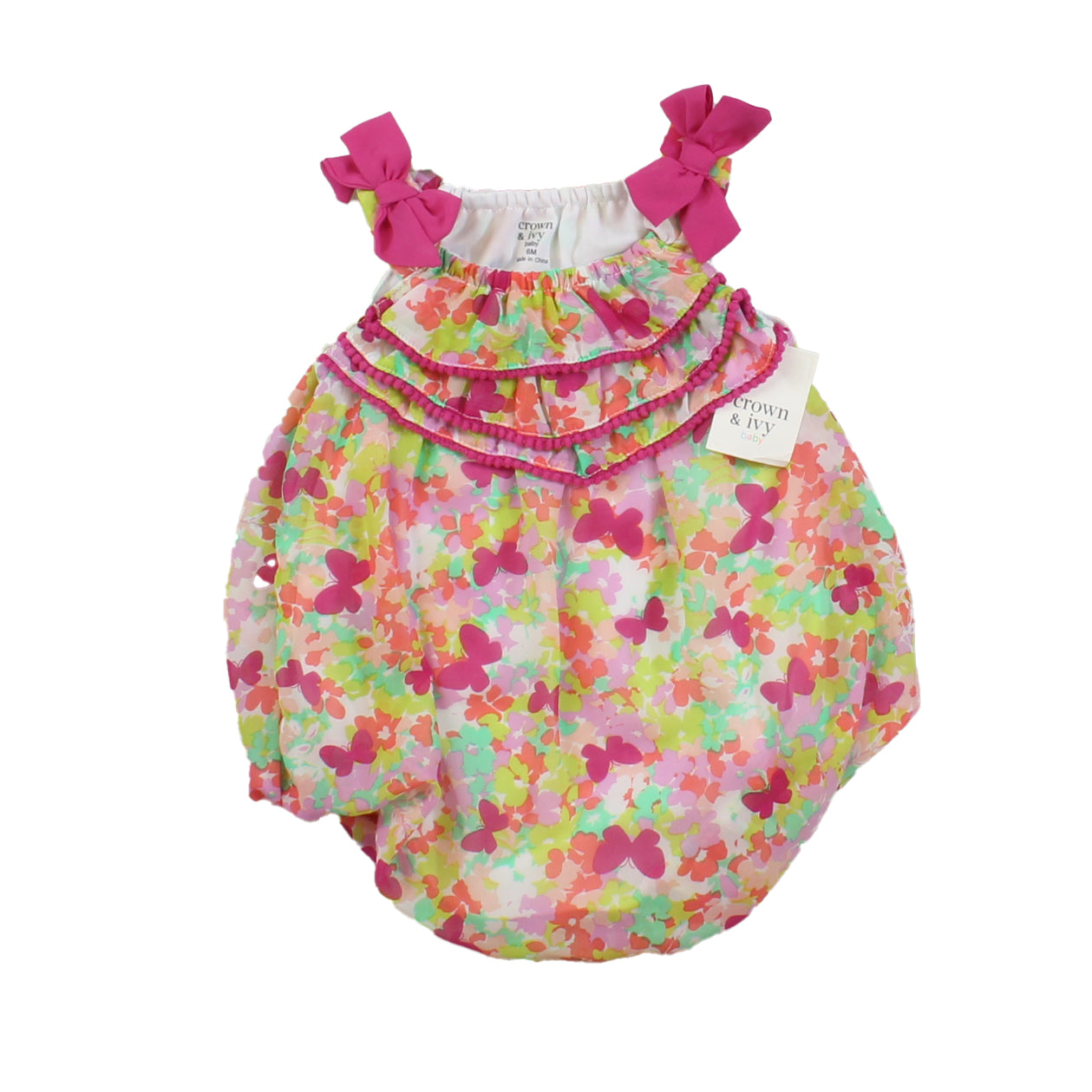 Crown & Ivy Girls Pink | Green | Butterflies Romper Size: 6 Months Pink | Green | Butterflies