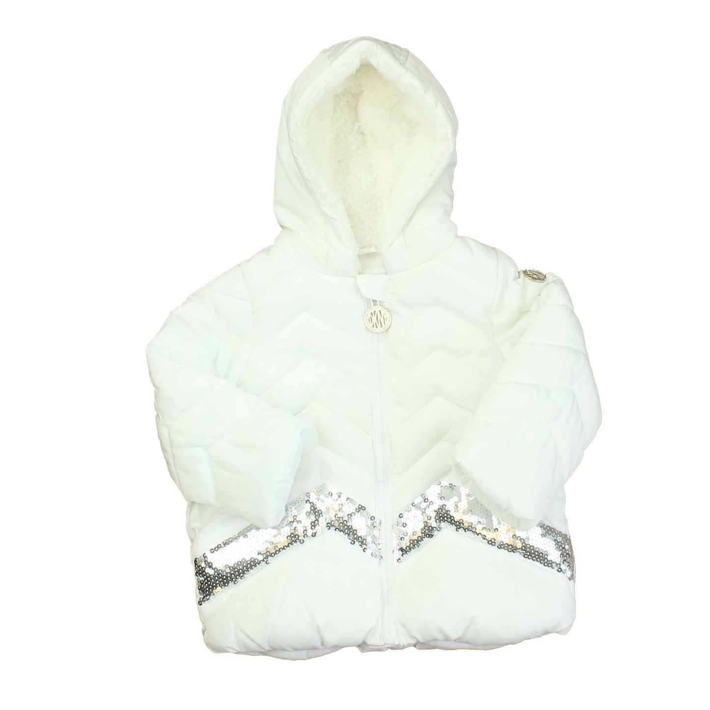 DKNY Girls White | Silver | Sequins Winter Coat Size: 12 Months White | Silver | Sequins