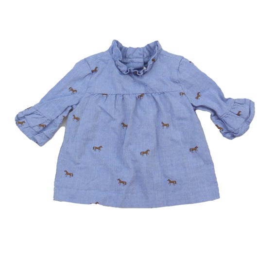 Janie Jack Girls Blue Horses Blouse Size: 12-18 Months Blue Horses
