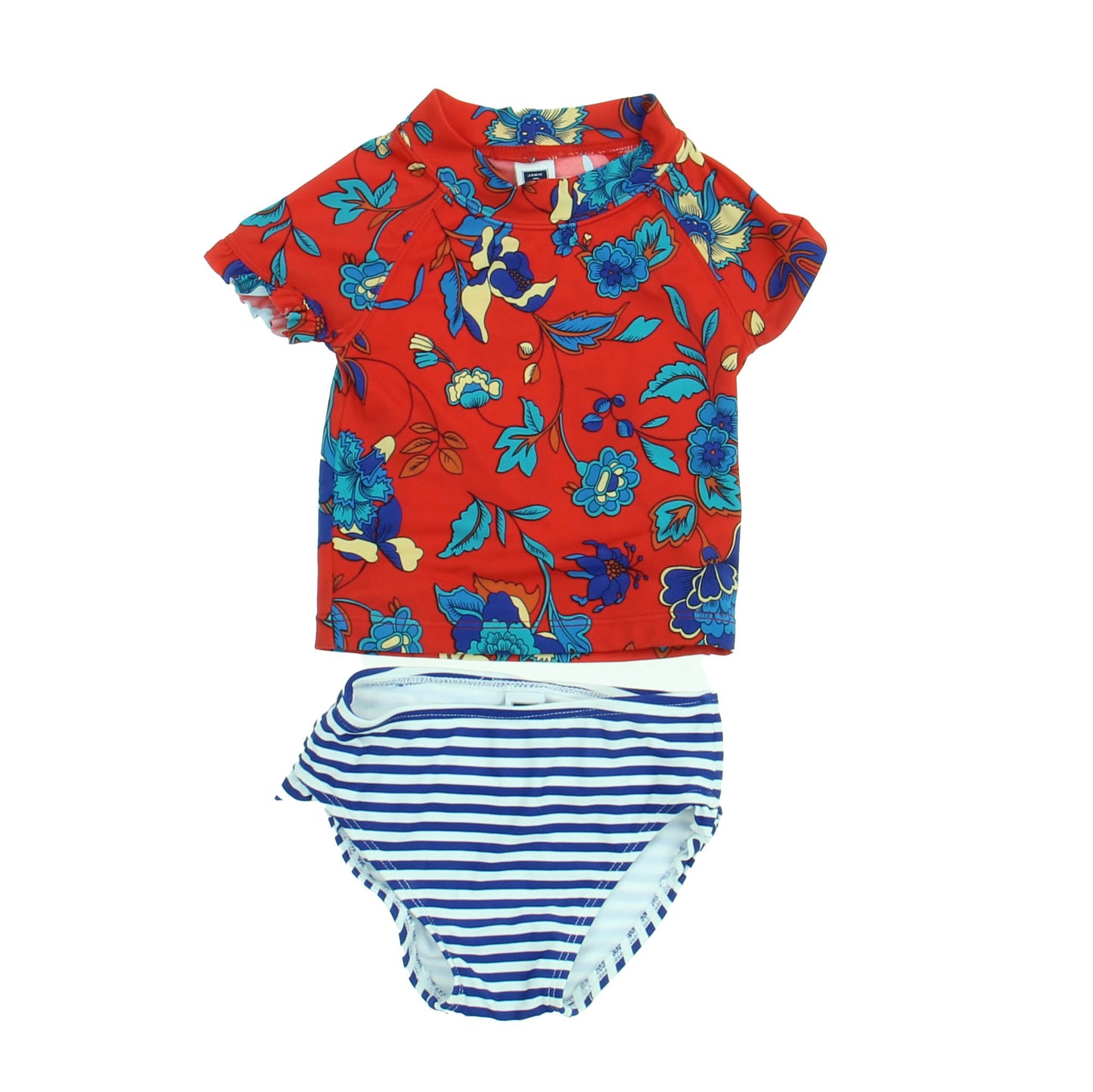 Janie and Jack Girls Red | Blue | White | Floral | Stripes 2-piece Swimsuit Size: 6-12 Months Red | Blue | White | Floral | Stripes
