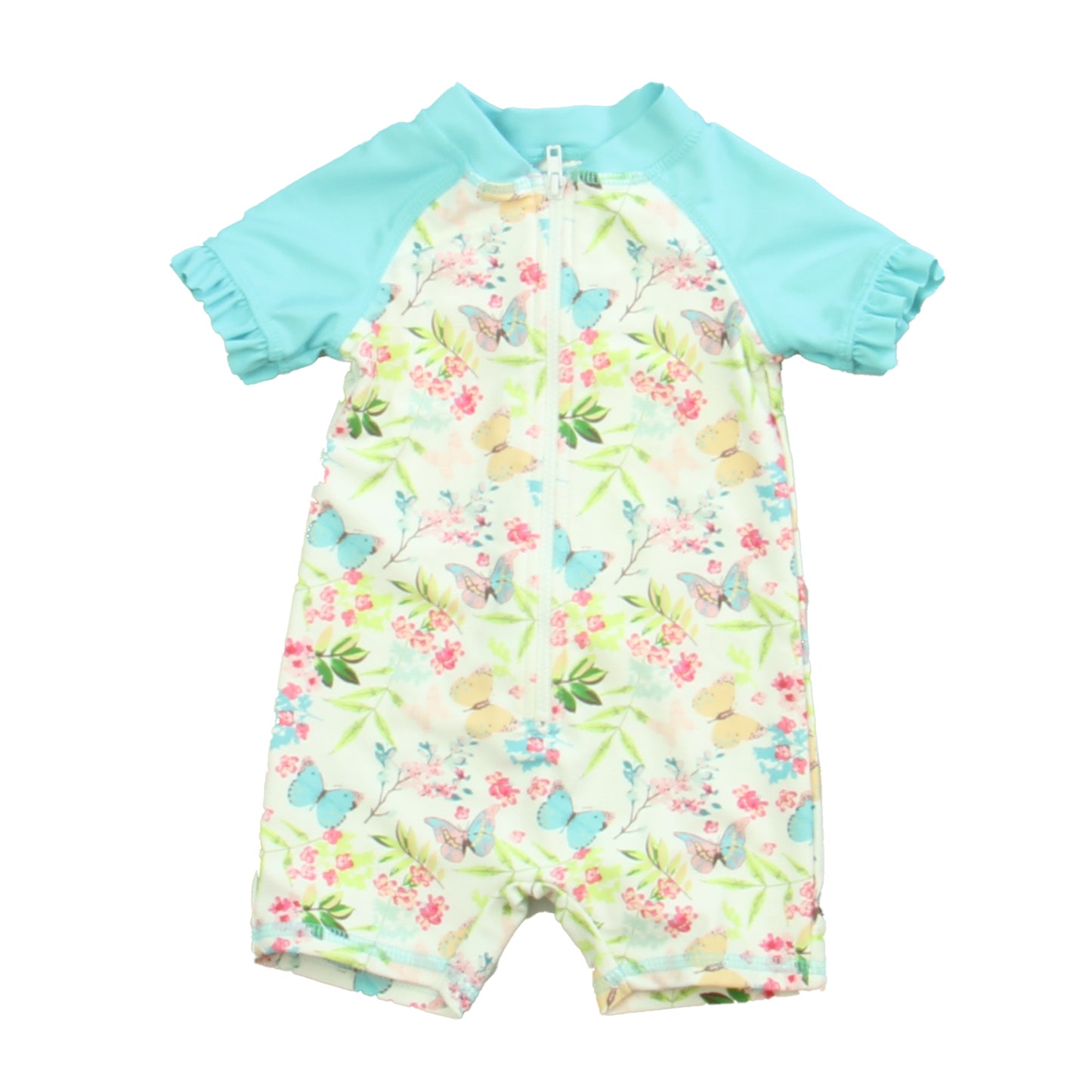 Sol Swim Girls White | Aqua Butterflies 1-piece Swimsuit Size: 3-6 Months White | Aqua Butterflies