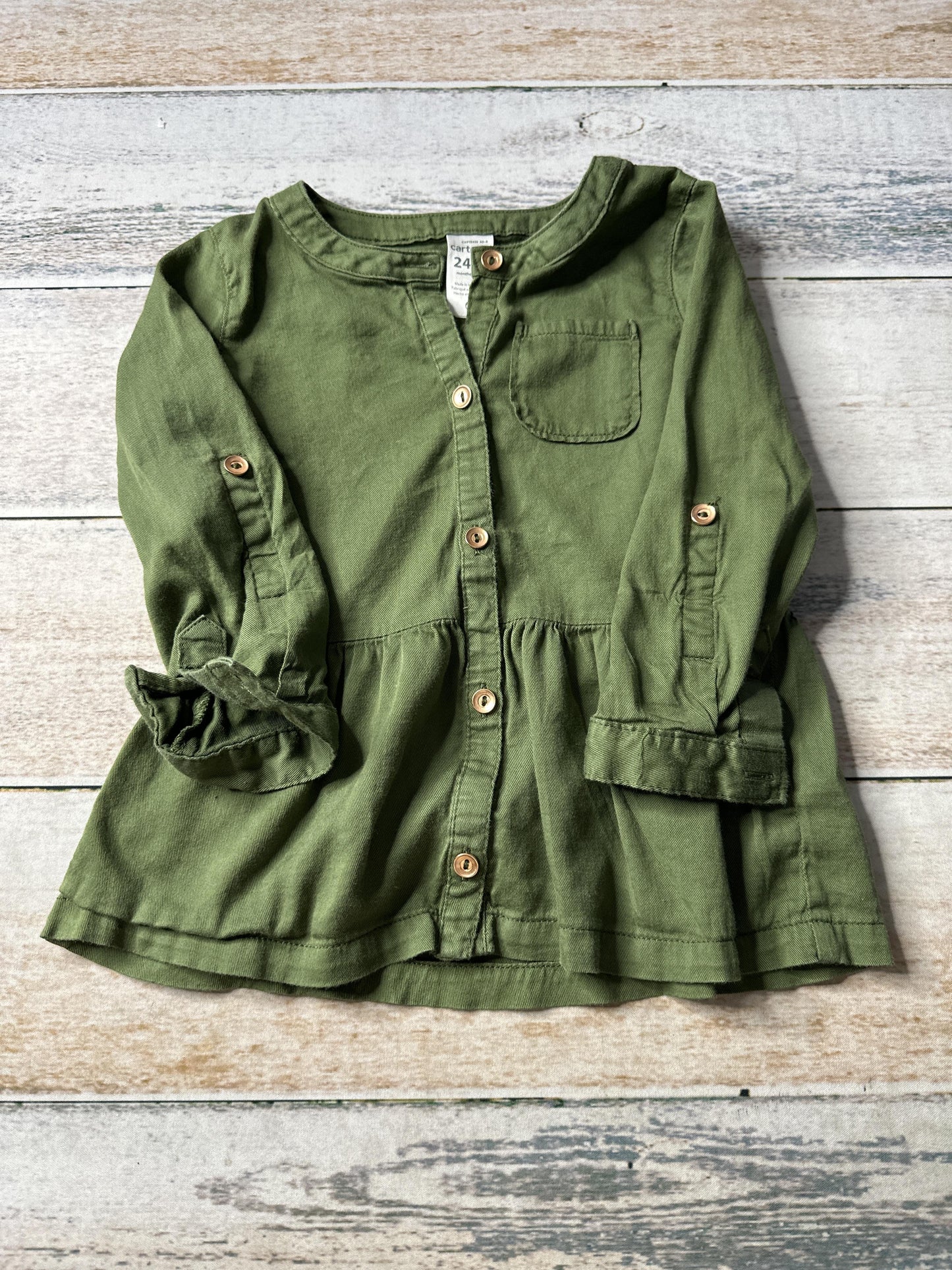 Carters Girls Army Green Button Down Short Sleeve Size: 24 months Army Green