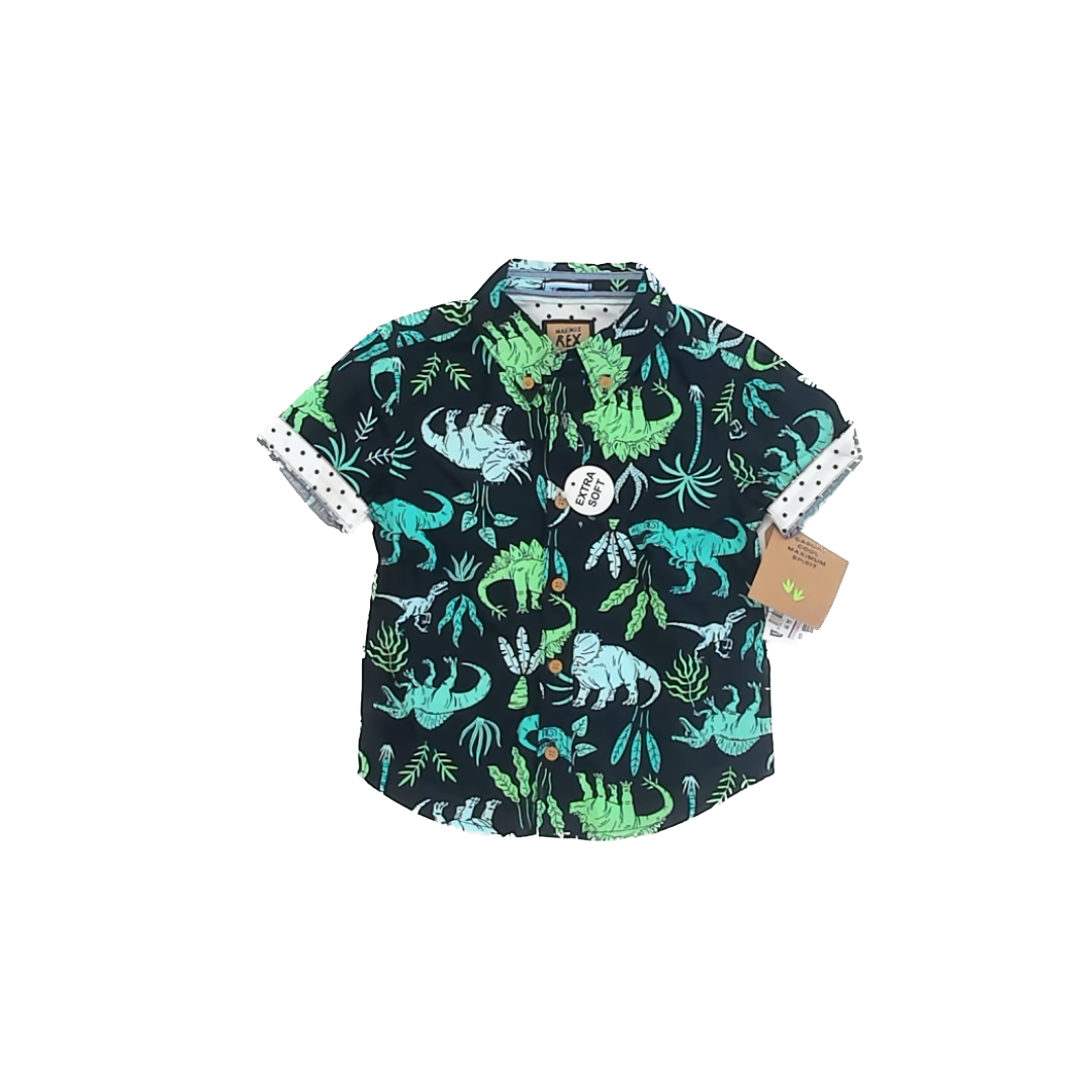 Maximus Rex Boys Black Dinosaur Button Down Short Sleeve Size: 3T Black Dinosaur