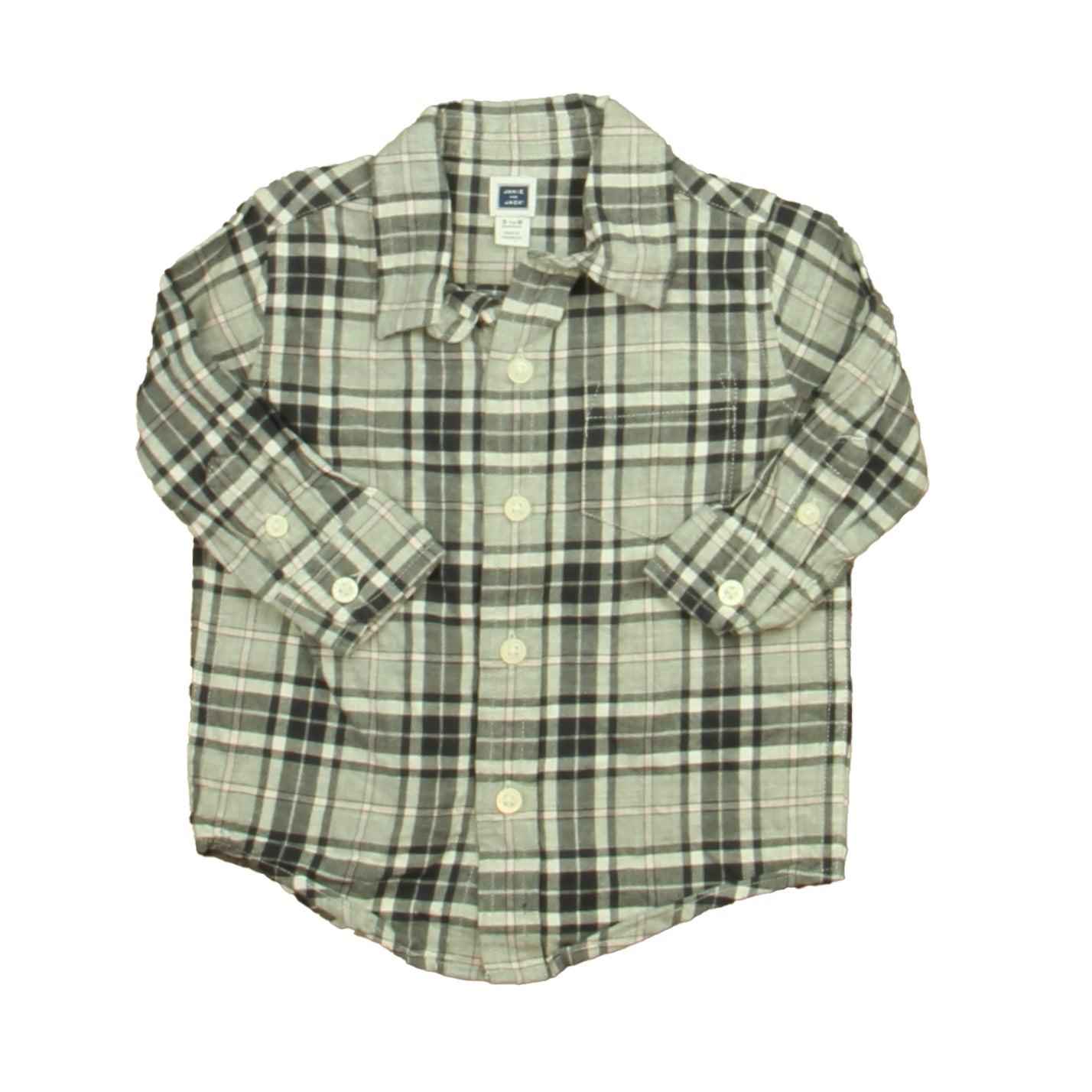 Janie and Jack Boys Black | Gray Plaid Button Down Long Sleeve Size: 3-6 Months Black | Gray Plaid