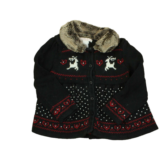 Janie and Jack Girls Black | Red | White | Faux Fur Collar Cardigan Size: 2T Black | Red | White | Faux Fur Collar