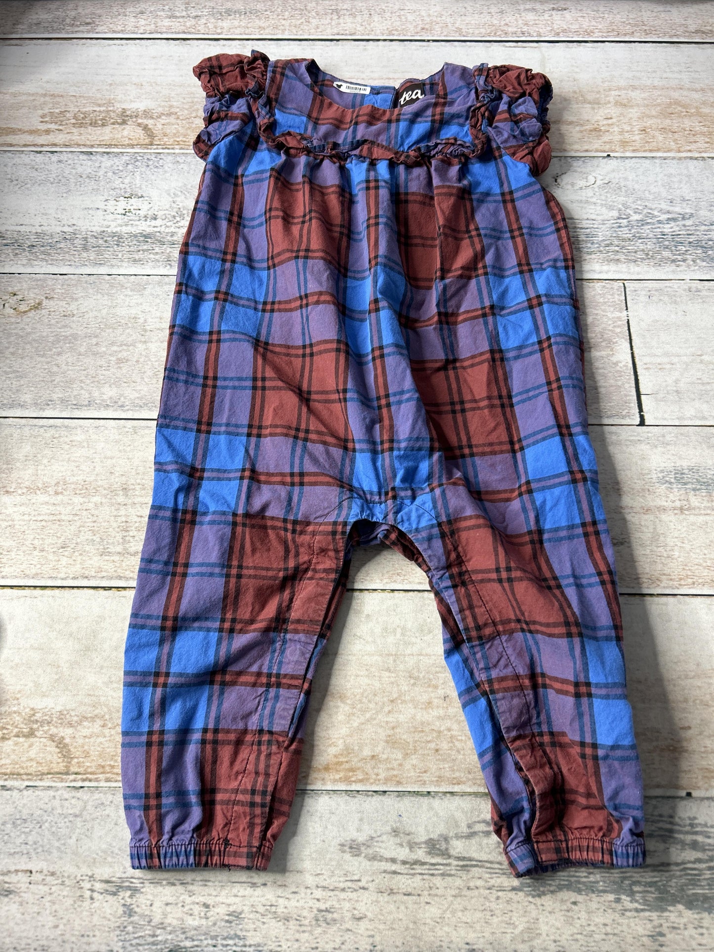 Tea Girls Blue | Burgundy | purple | Striped Romper Size: 12-18 months Blue | Burgundy | purple | Striped
