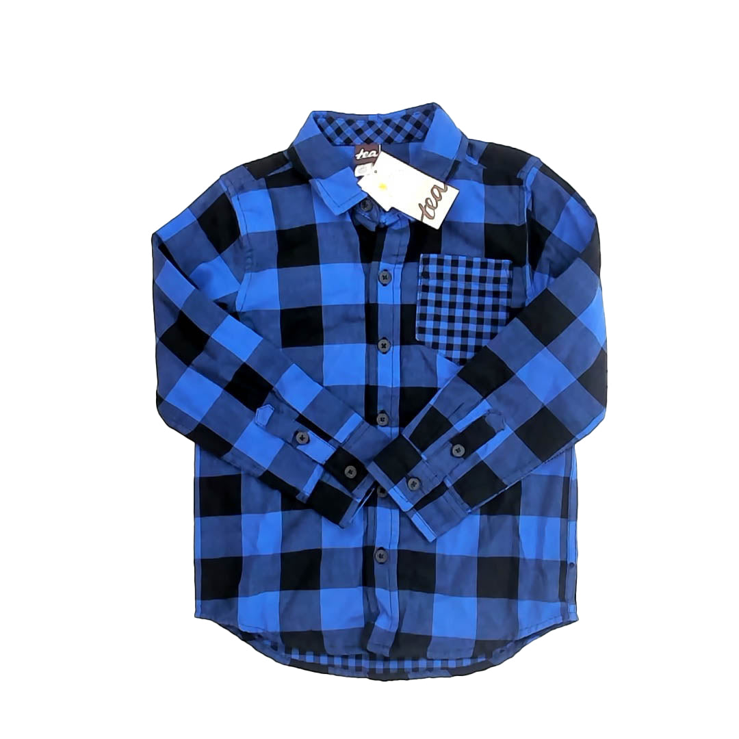 Tea Collection Boys Blue Check Button Down Long Sleeve Size: 5T Blue Check