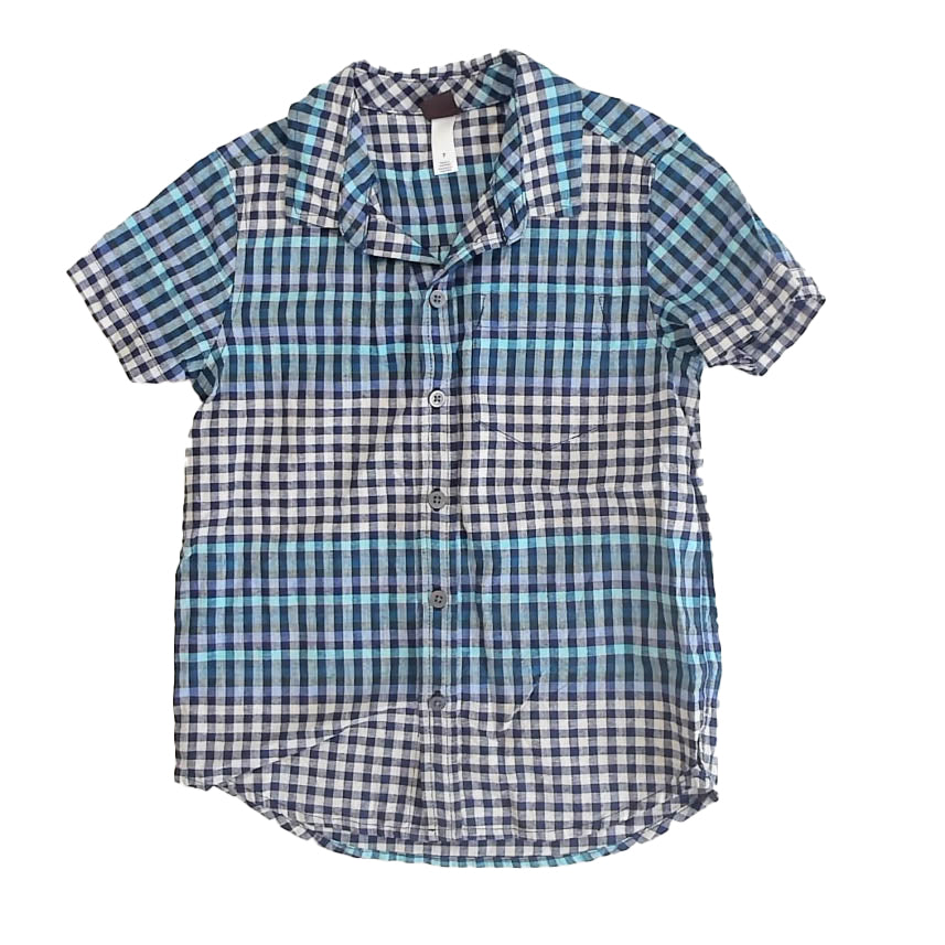 Tea Collection Boys Blue Check Button Down Short Sleeve Size: 7 Years Blue Check