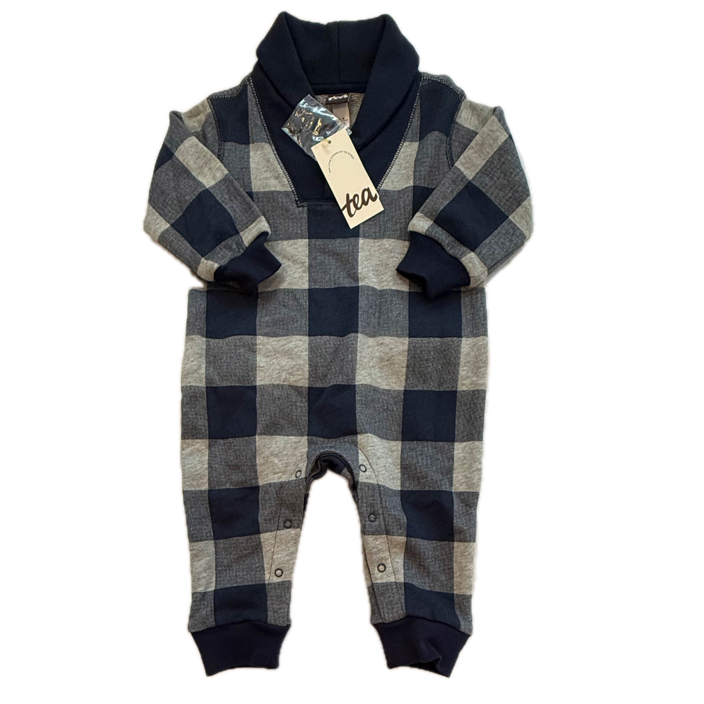 Tea Collection Boys Blue | Gray Plaid Romper Size: 6-9 Months Blue | Gray Plaid