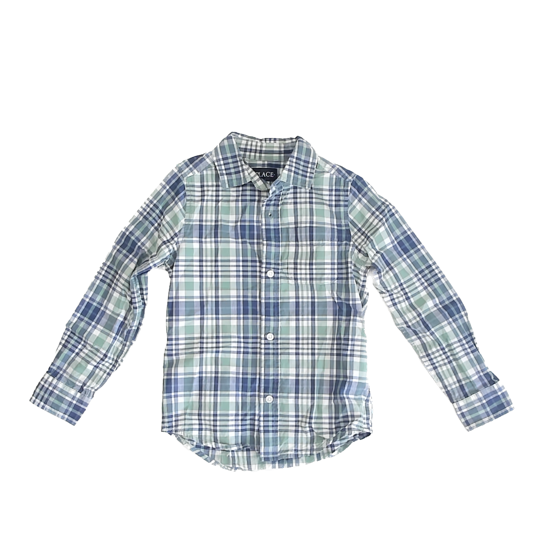 Children's Place Boys Blue Green Plaid Button Down Long Sleeve Size: S (5/6) Blue Green Plaid