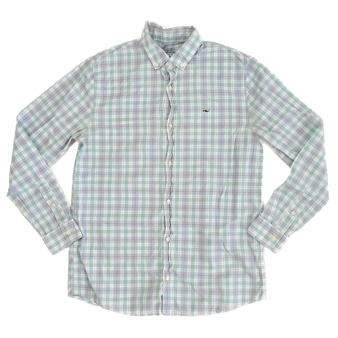 Vineyard Vines Boys Blue | Green Plaid Button Down Long Sleeve Size: 18 Years Blue | Green Plaid