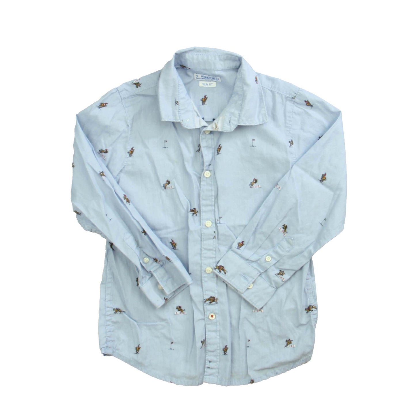 Mayoral Boys Blue Horses Button Down Long Sleeve Size: 4T Blue Horses