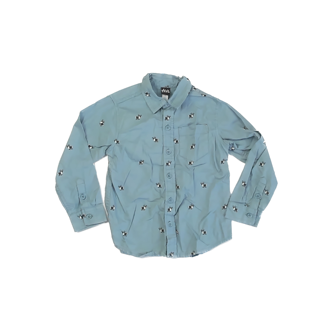 Tea Collection Boys Blue Moose Button Down Long Sleeve Size: 5T Blue Moose