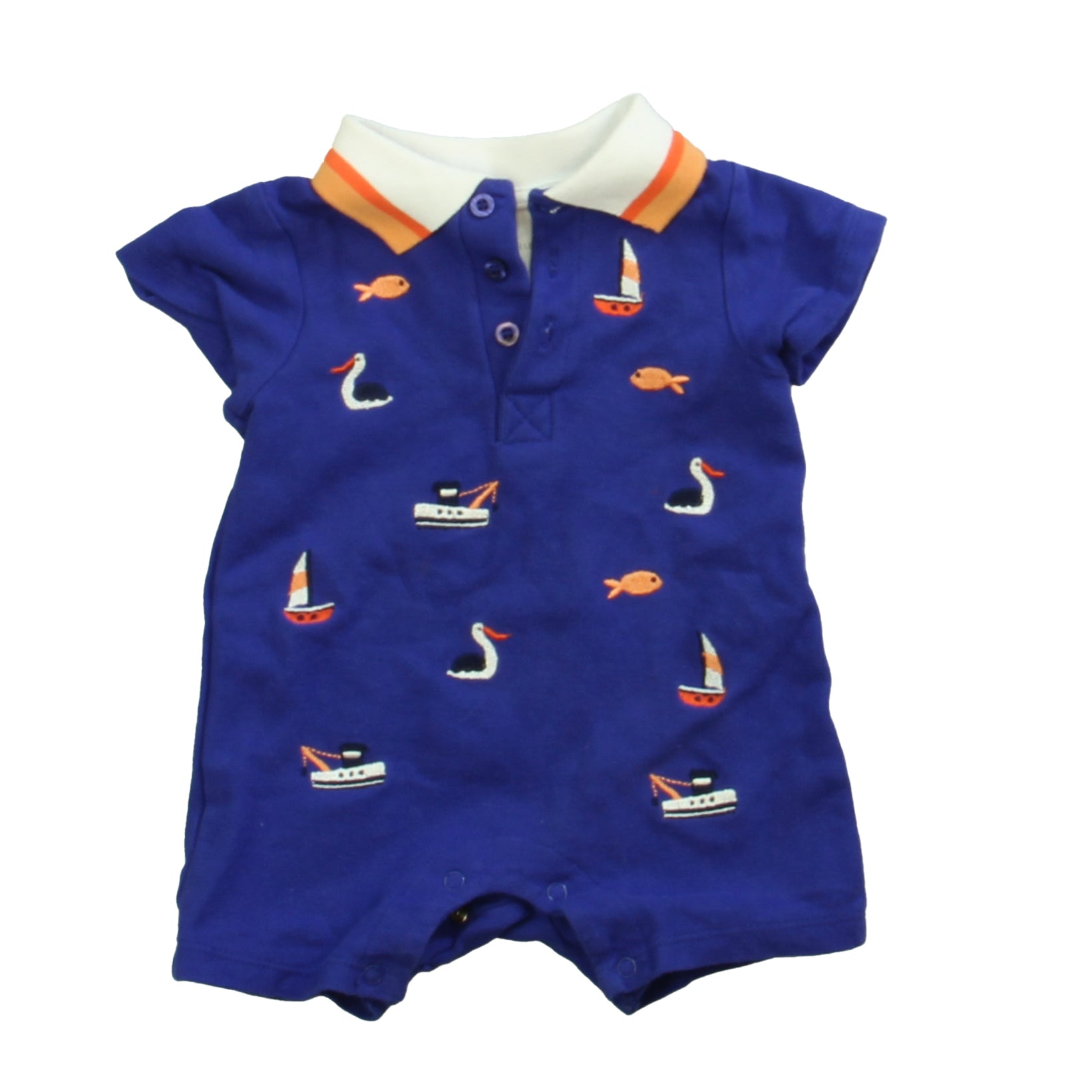 Laura Ashley Boys Blue | Orange Boats Romper Size: 6-9 Months Blue | Orange Boats