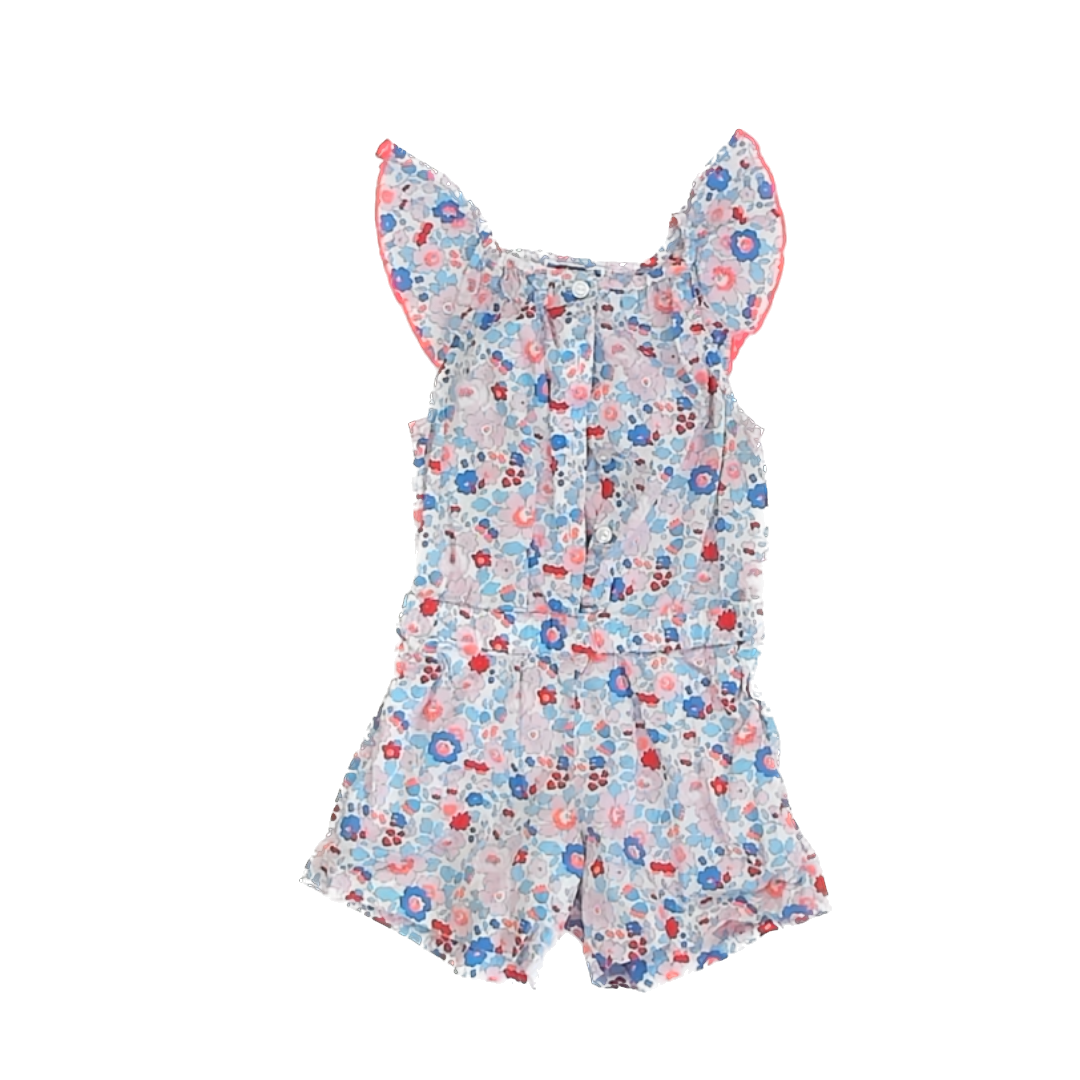 Jacadi Girls Blue | Pink Floral Romper Size: 3T Blue | Pink Floral