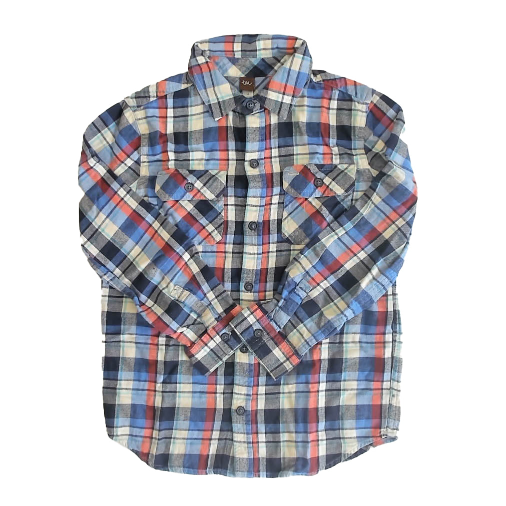 Tea Collection Boys Blue Plaid Button Down Long Sleeve Size: 12 Years Blue Plaid