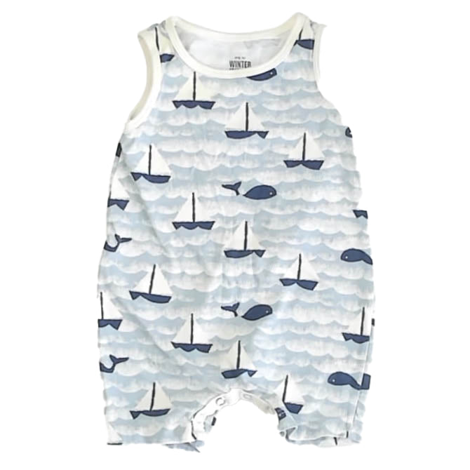 Winter Water Factory Boys Blue Sailboats Romper Size: 3 Months Blue Sailboats