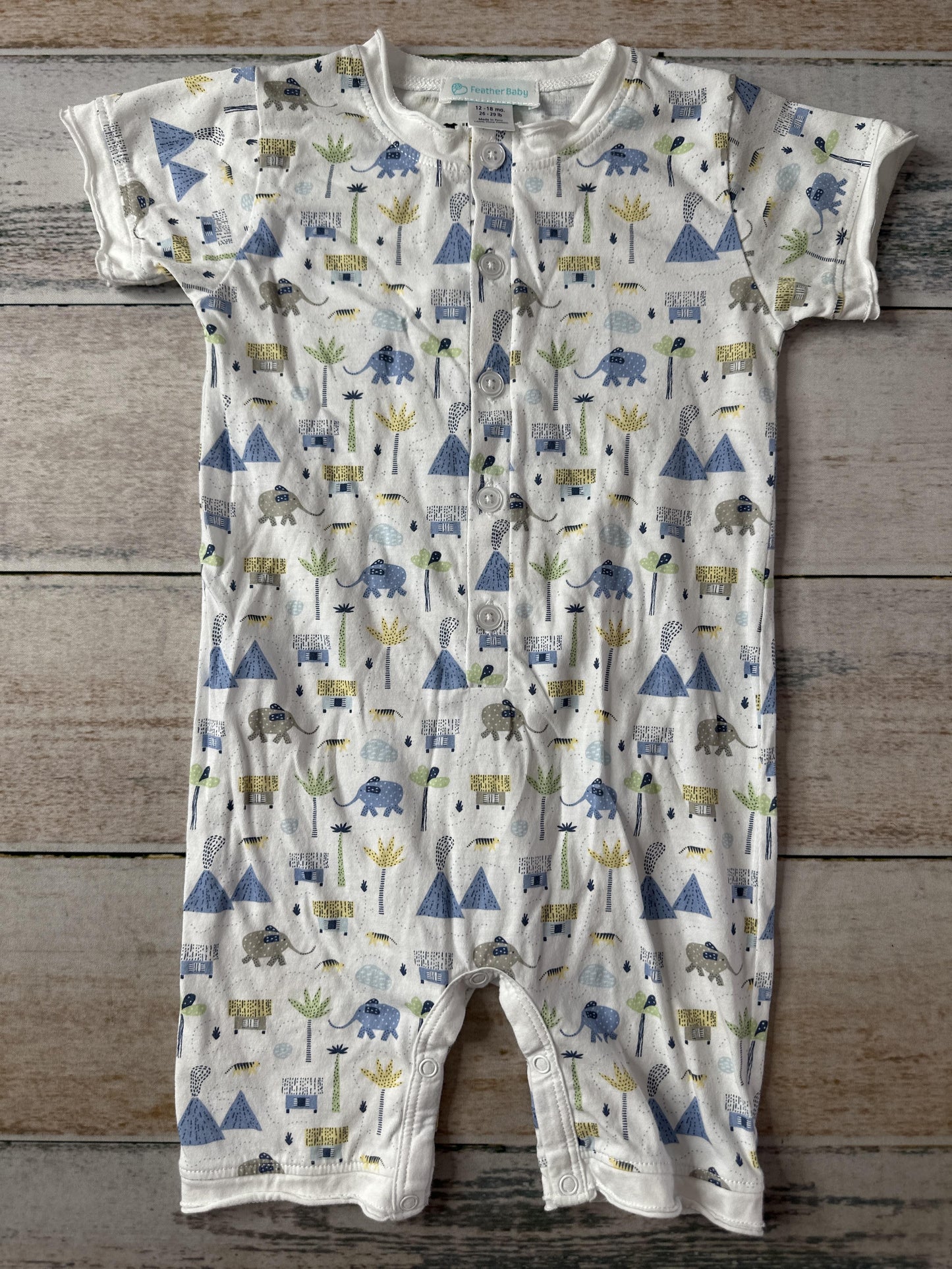 Feather Baby Boys Blue | White | Elephant Romper Size: 12-18 months Blue | White | Elephant