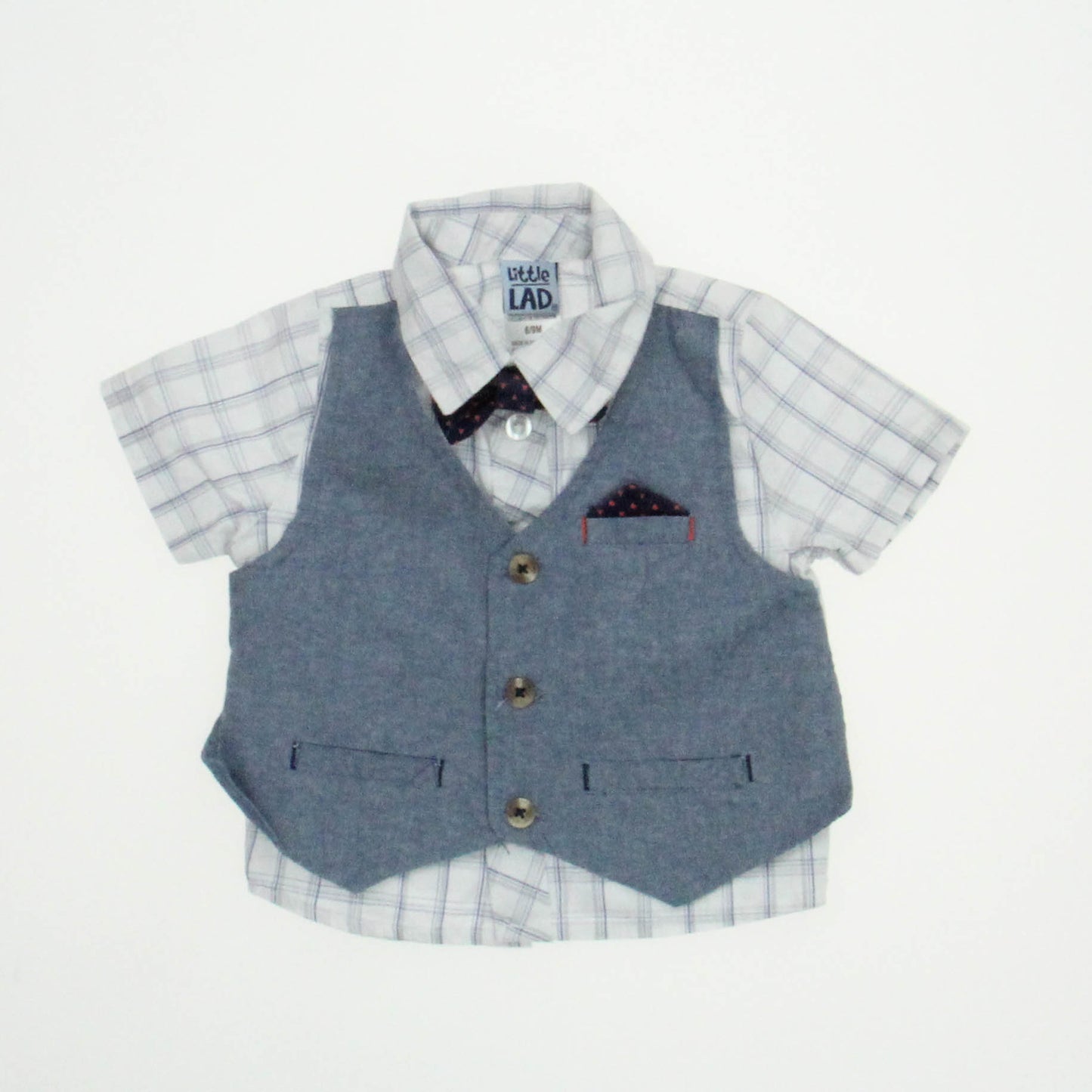 Little Lad Boys Blue | White Button Down Short Sleeve Size: 6-9 MOnths Blue | White