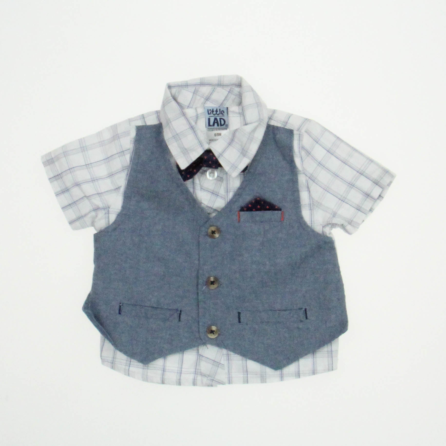 Little Lad Boys Blue | White Button Down Short Sleeve Size: 6-9 MOnths Blue | White