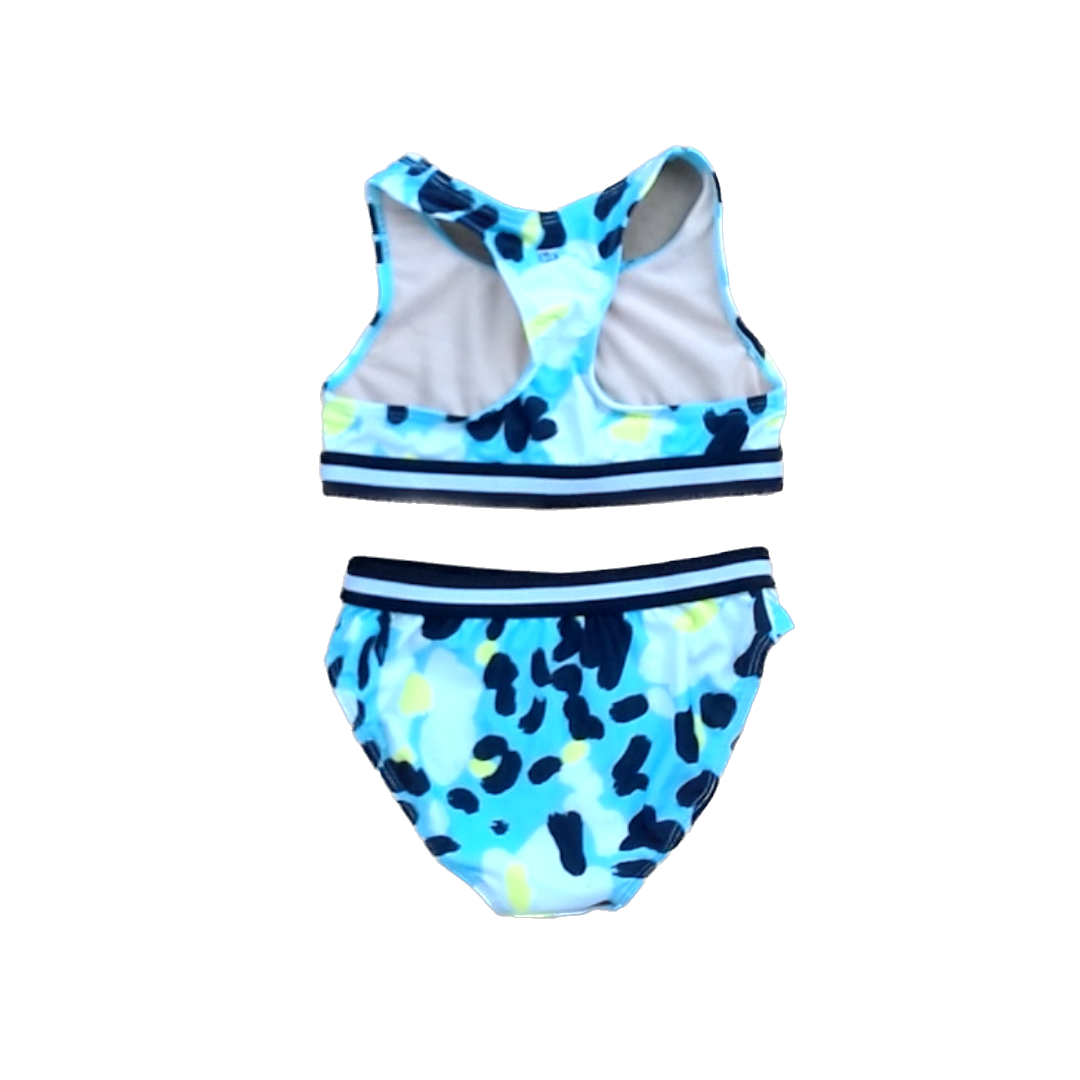 Rockets Of Awesome Girls Blue with White and yellow Flowers | Black and White Bands 2-piece Swimsuit Size: 6 Years Blue with White and yellow Flowers | Black and White Bands
