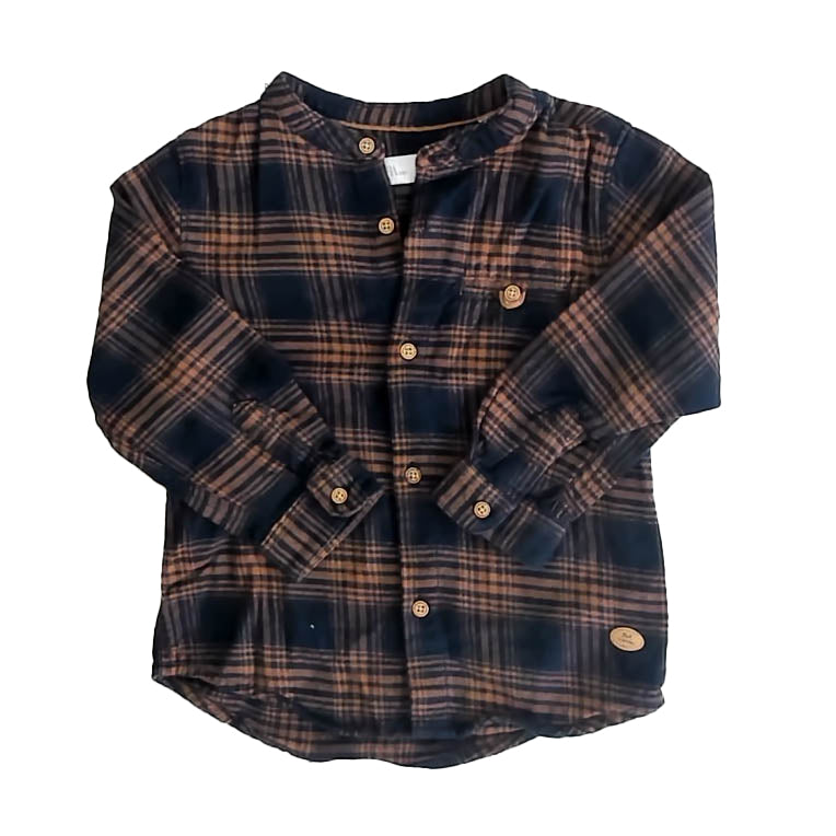 Zara Boys Brown | Navy Plaid Button Down Long Sleeve Size: 18-24 Months Brown | Navy Plaid