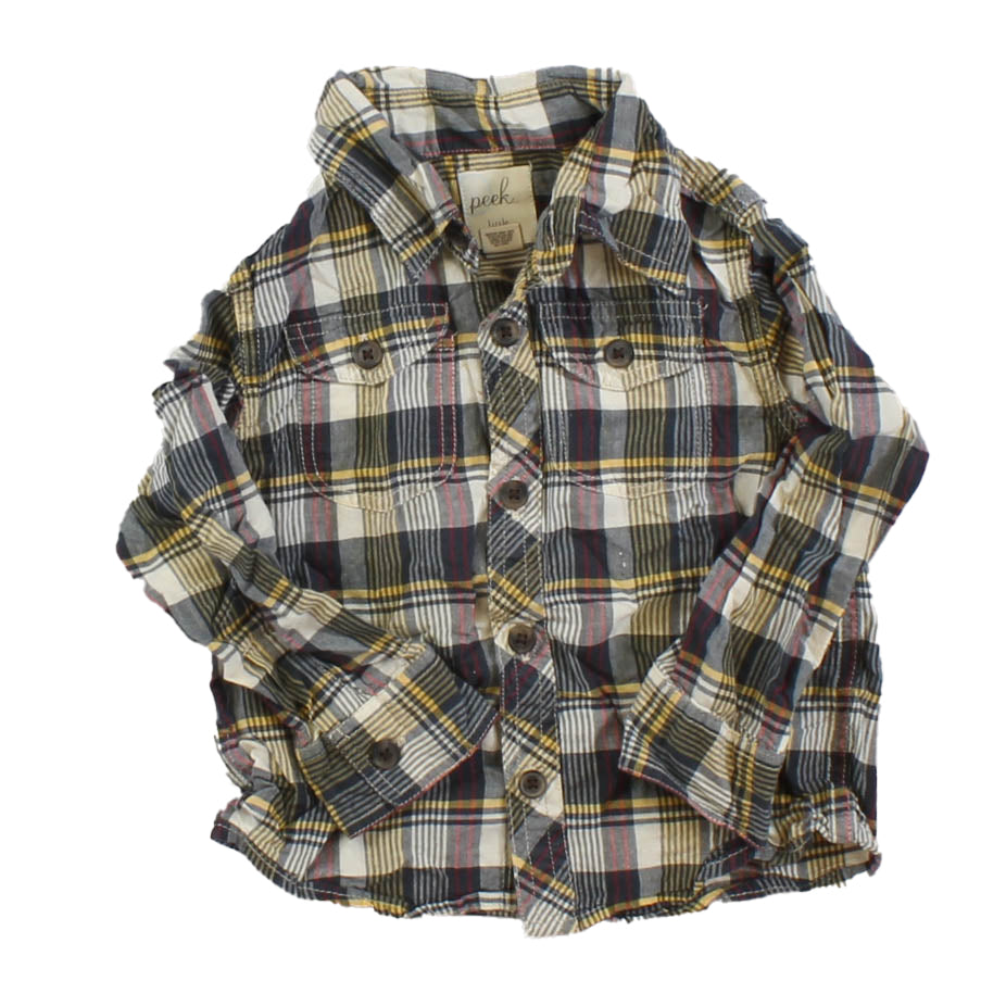 Peek Boys Brown | Yellow | Red Button Down Long Sleeve Size: 18-24 Months Brown | Yellow | Red