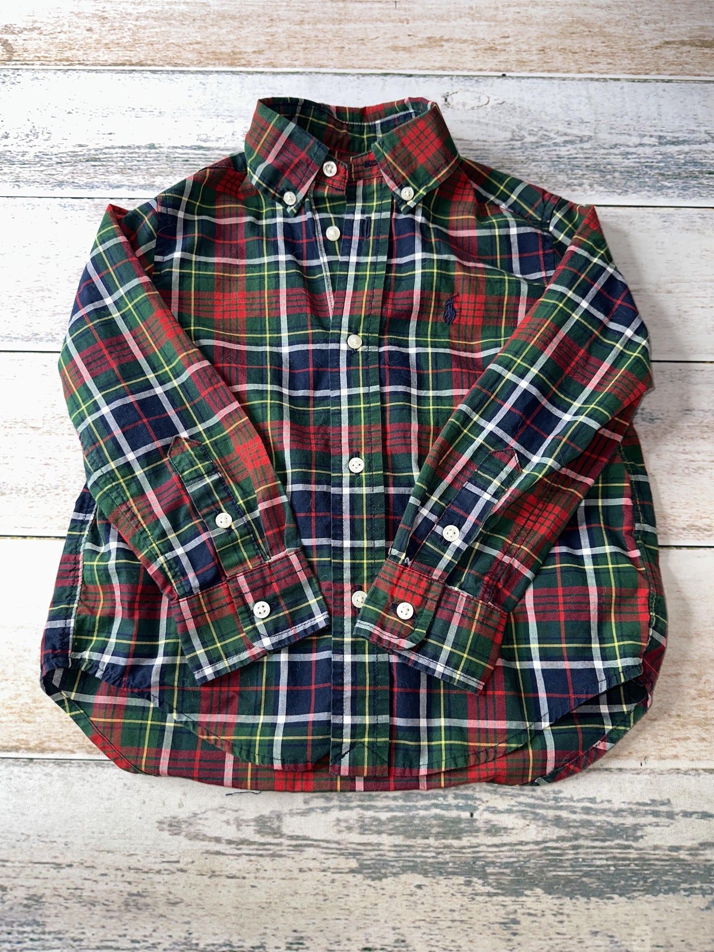 Ralph Lauren Boys Burgundy | Forest Green | plaid Button Down Short Sleeve Size: 3T Burgundy | Forest Green | plaid