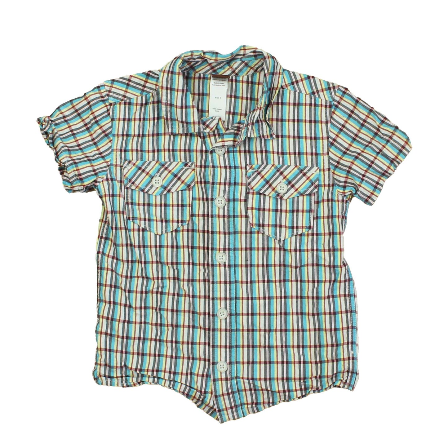 Tea Boys Cyan | Red | Yellow | Gingham Button Down Short Sleeve Size: 4T Cyan | Red | Yellow | Gingham