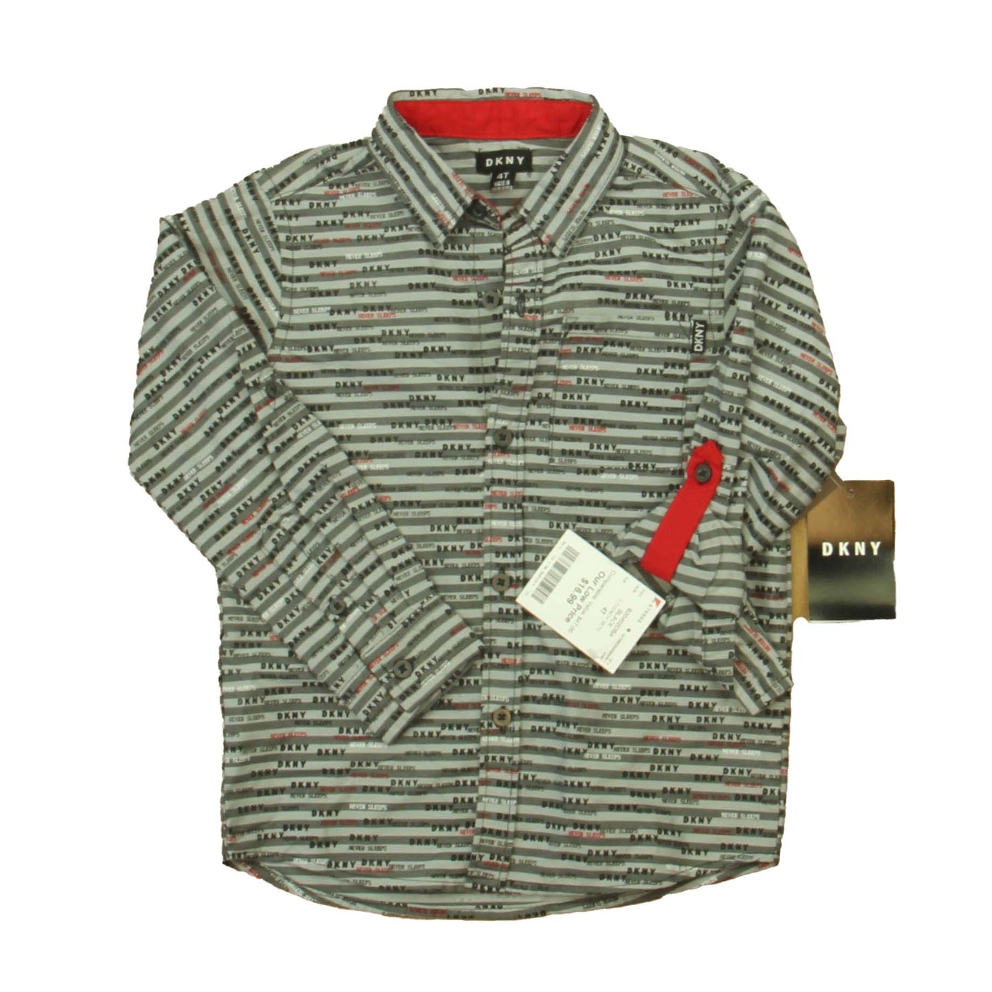 DKNY Boys Gray | Black | Red Button Down Long Sleeve Size: 4T Gray | Black | Red
