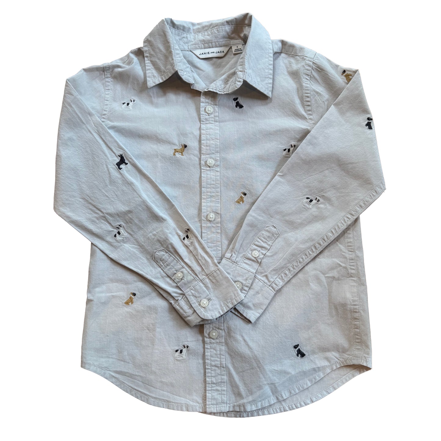 Janie and Jack Boys Gray Dogs Button Down Long Sleeve Size: 6 Years Gray Dogs