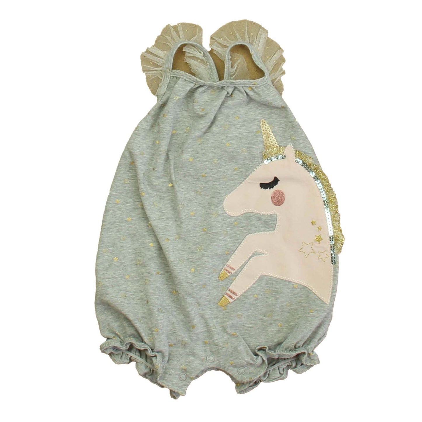 Mudpie Girls Gray | Pink Unicorn Romper Size: 9-12 Months Gray | Pink Unicorn