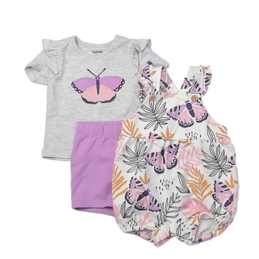 Pekkle Girls Gray |White | Purple Butterlies Dress Size: 3 Months Gray |White | Purple Butterlies