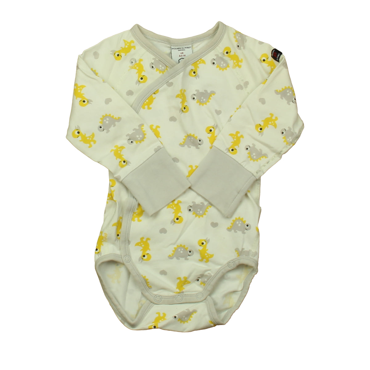 Polarn O. Pyret Unisex Gray | Yellow Dinosaur Babies Onesie Size: 4-6 Months Gray | Yellow Dinosaur Babies