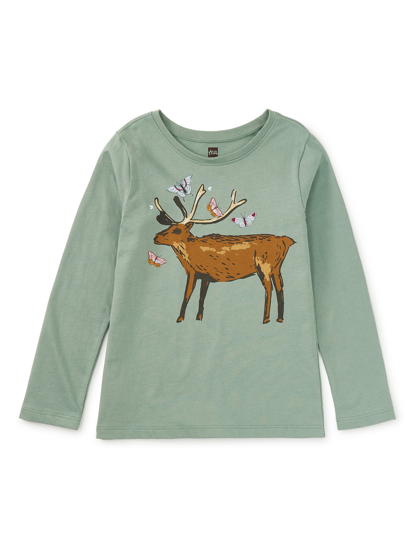 Tea Collection Girls Green Deer Long Sleeve T-Shirt Size: 5T Green Deer