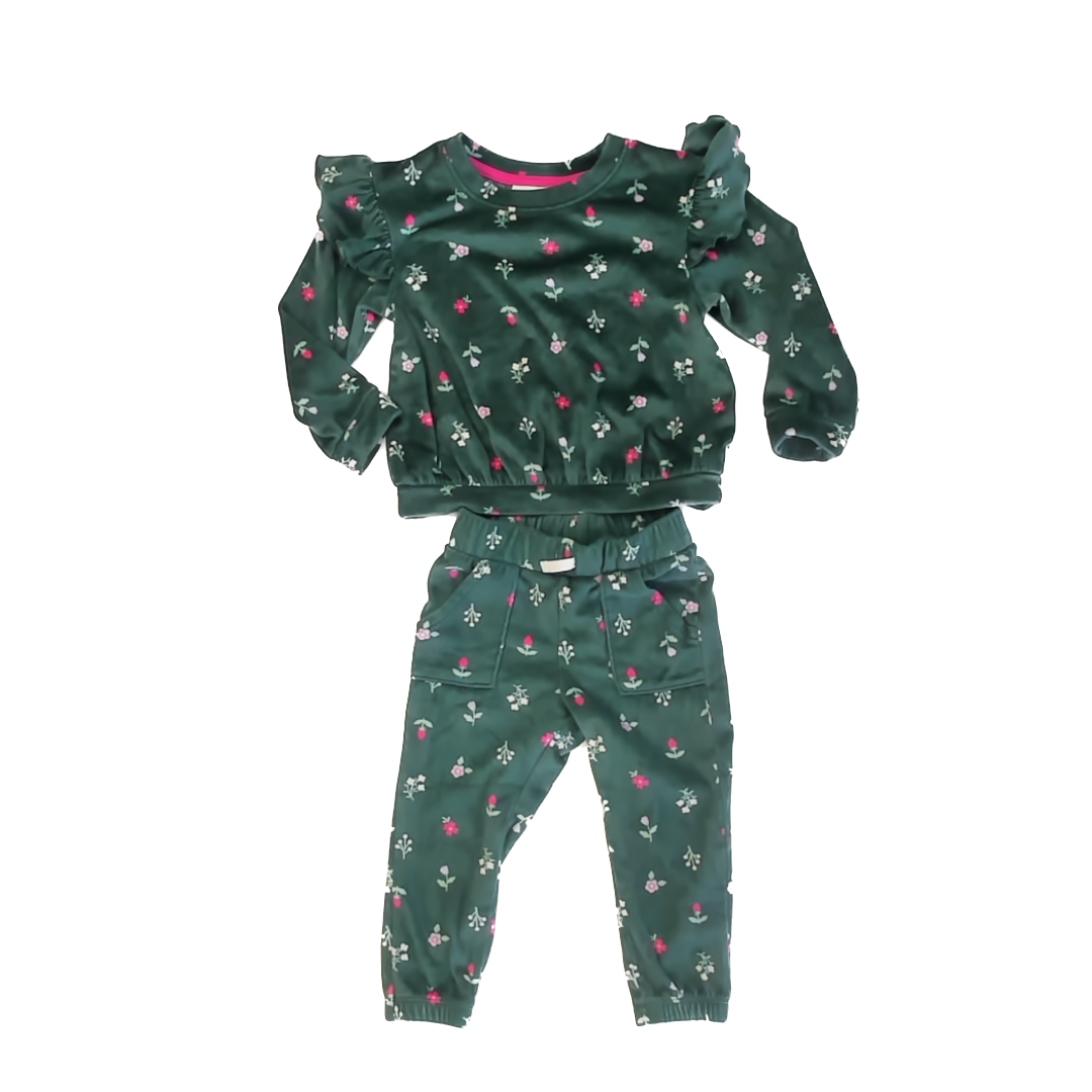 Cat & Jack Girls Green Flowers Apparel Sets Size: 3T Green Flowers