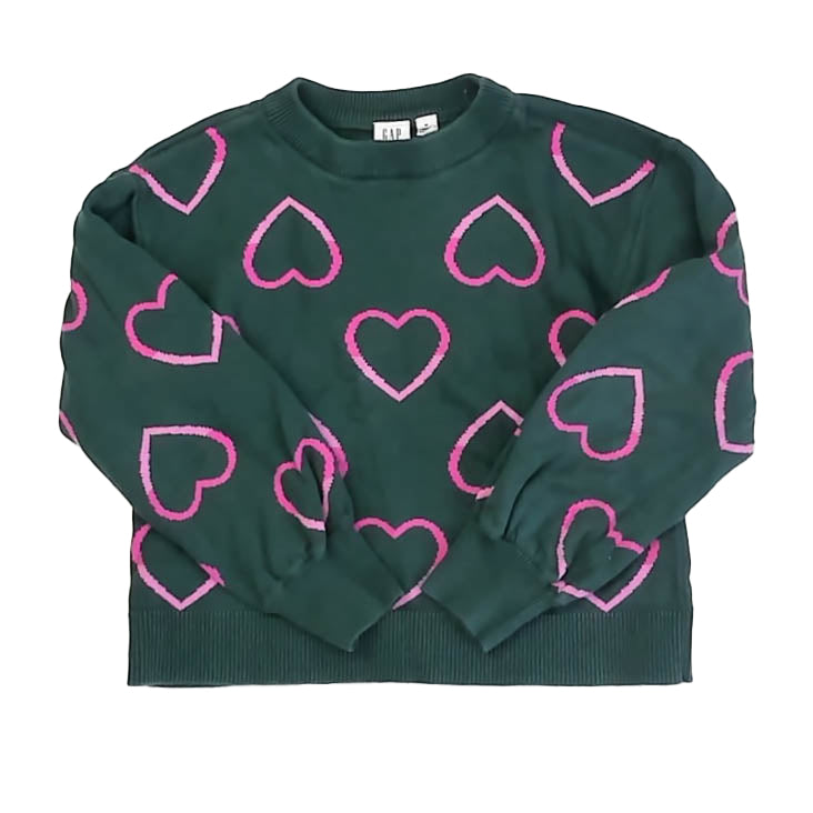 Gap Girls Green | Pink Hearts Sweater Size: 8-9 Years Green | Pink Hearts