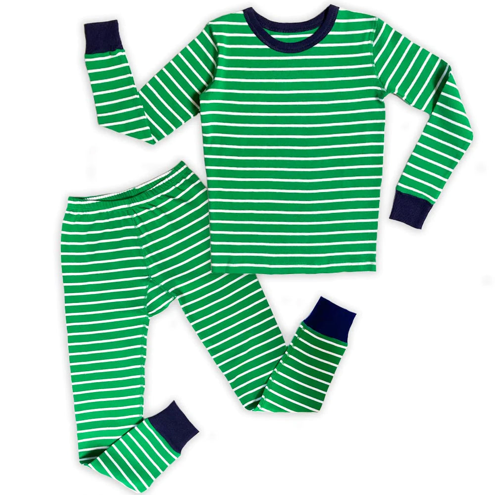 Mightly Unisex Green Stripe 2-piece Pajamas Size: 6-14 Years Green Stripe
