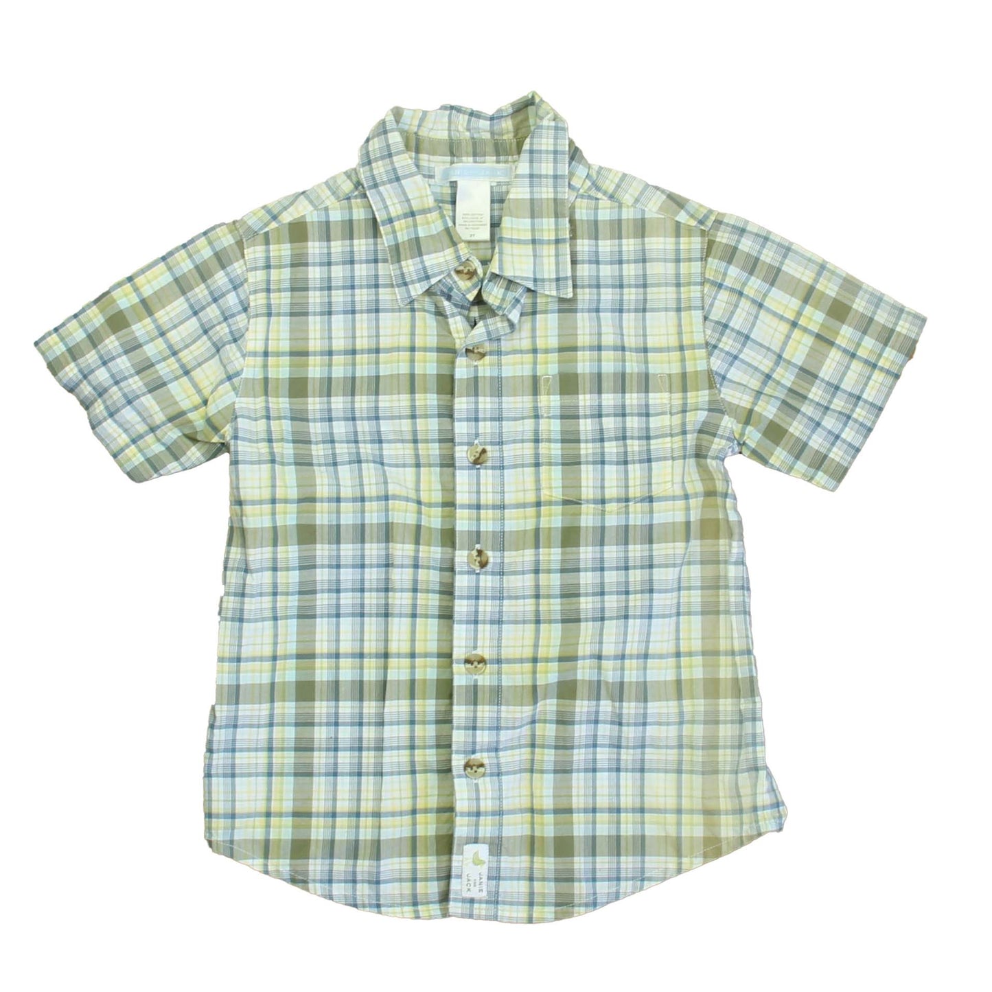 Janie and Jack Boys Green | White | Blue Plaid Button Down Short Sleeve Size: 3T Green | White | Blue Plaid