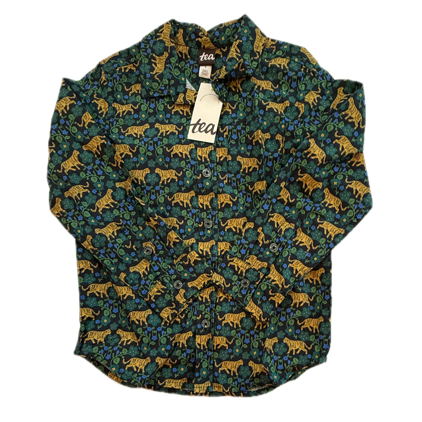 Tea Collection Boys Green | Yellow Tigers Button Down Long Sleeve Size: 5T Green | Yellow Tigers