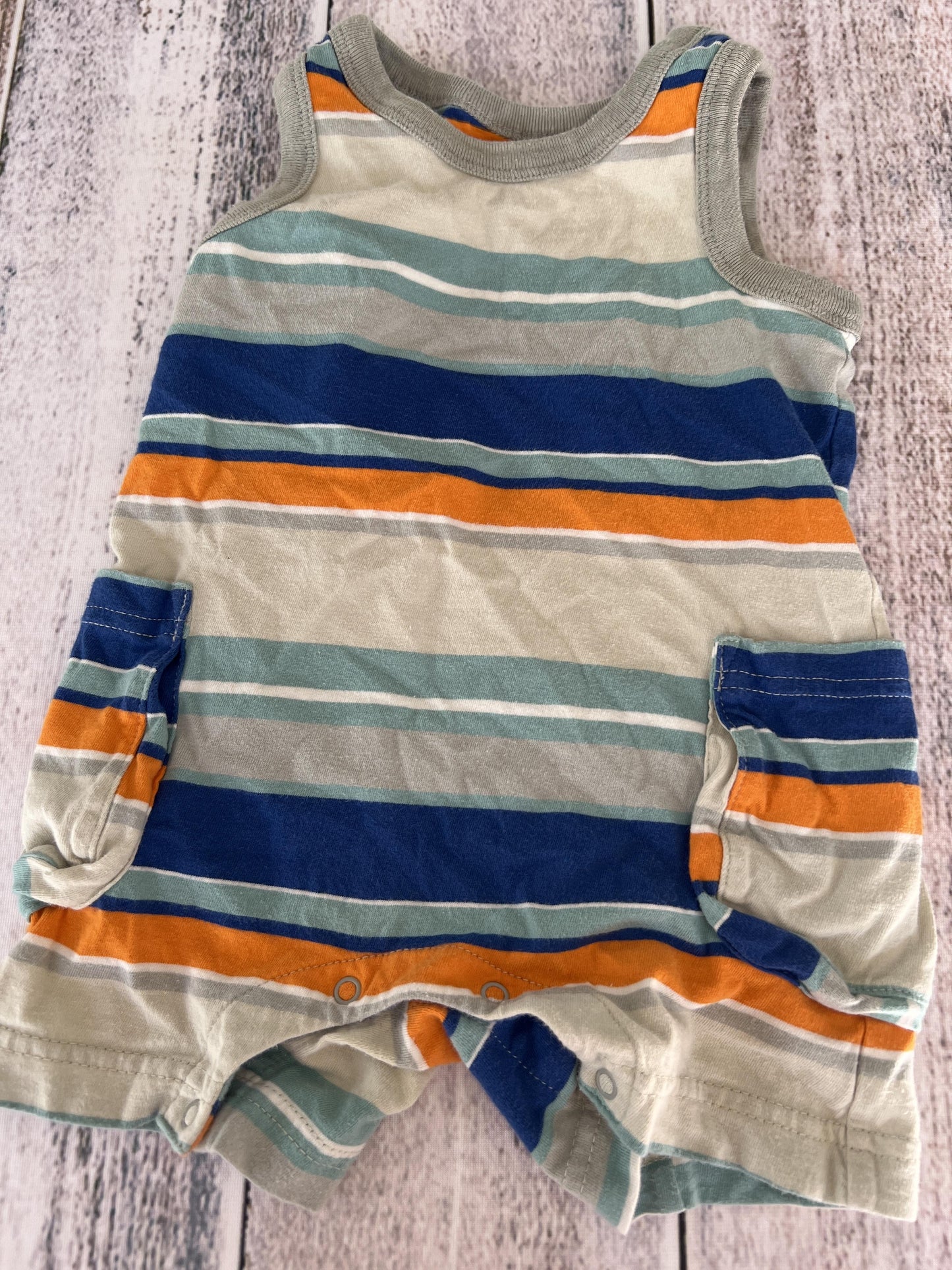 Tea Boys Grey | Navy Blue | orange | Stripe Romper Size: 6-12 months Grey | Navy Blue | orange | Stripe