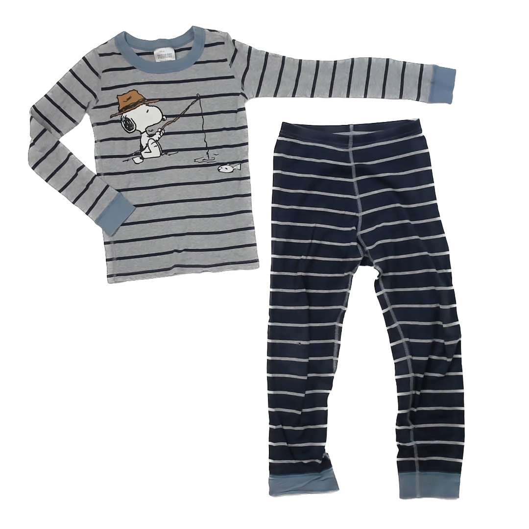 Hanna Andersson x Peanuts Boys Grey | Navy Striped 2-piece Pajamas Size: 8 Years Grey | Navy Striped