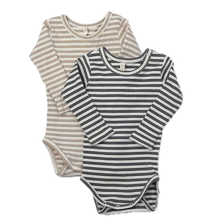 Quincy Mae Boys Khaki | Gray Stripe Onesie Size: 3-6 Months Khaki | Gray Stripe