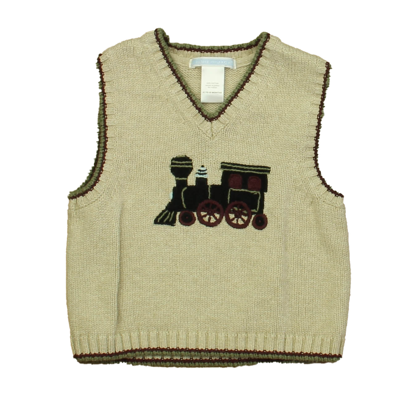 Janie and Jack Boys Khaki Train Sweater Vest Size: 12-18 Months Khaki Train