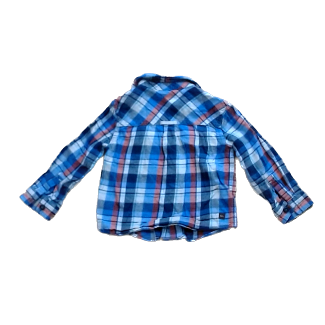 Tea Collection Boys Navy Blue and Orange Flannel Button Down Long Sleeve Size: 18-24 Months Navy Blue and Orange Flannel