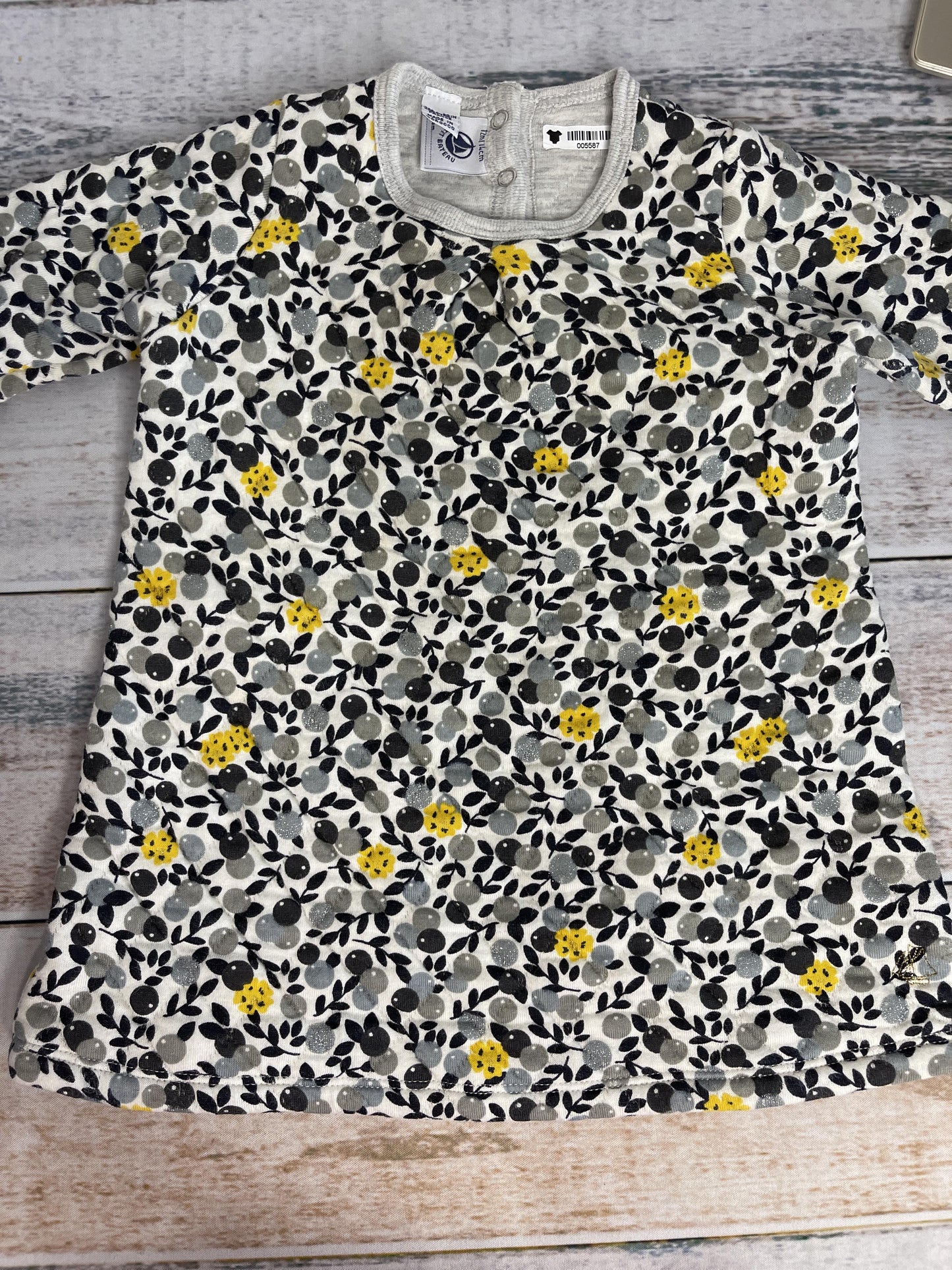 Petit Bateau Girls Navy Blue | Grey | Yellow Dress Size: 6-12 months Navy Blue | Grey | Yellow