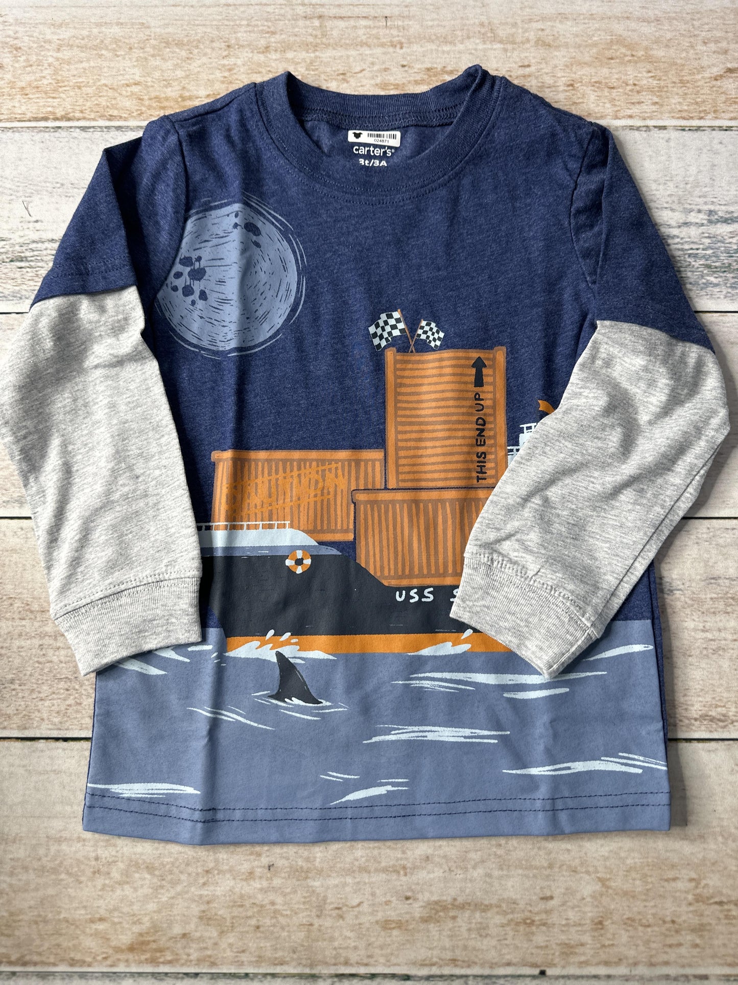 Carters Boys Navy Blue | Grey Long Sleeve T-Shirt Size: 3T Navy Blue | Grey