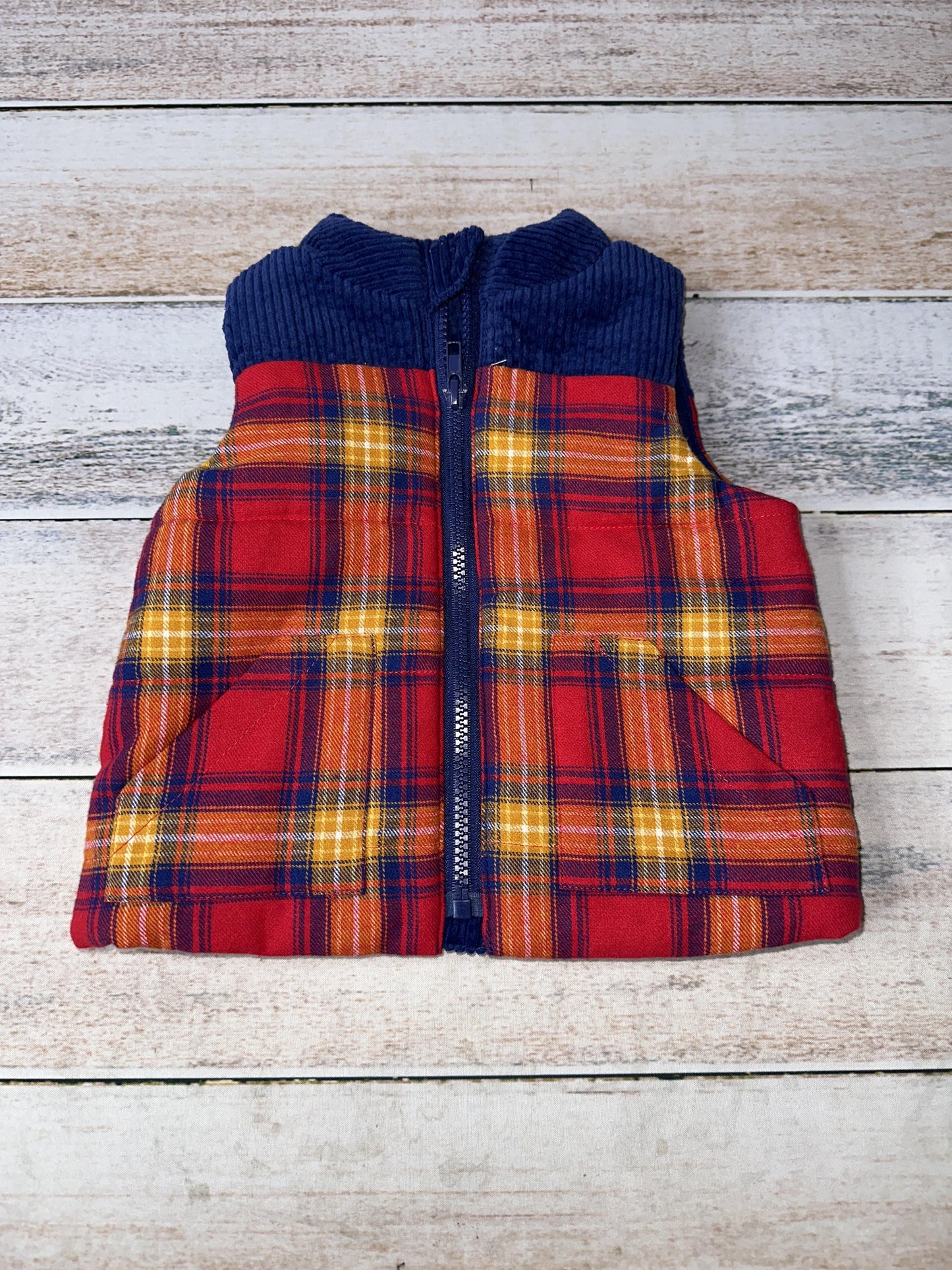 Tahari Boys Navy Blue | Red | orange | plaid Vest Size: 12 months Navy Blue | Red | orange | plaid