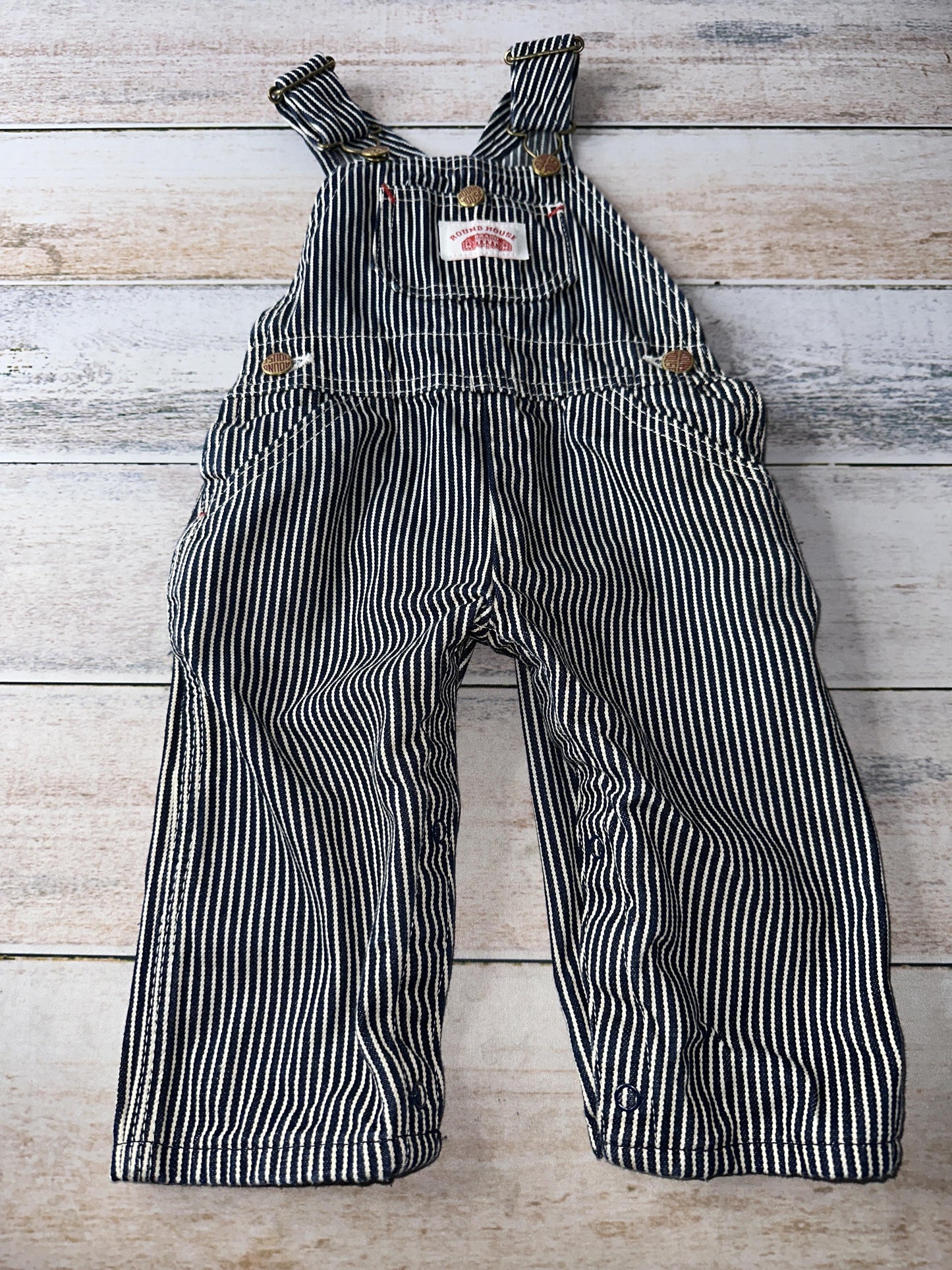 Round House Boys Navy Blue | White | Stripe Overalls Size: 18 months Navy Blue | White | Stripe
